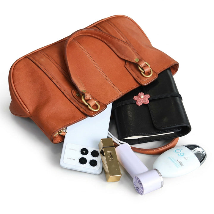 Vegetable Tanned Leather Top Handle Bag Structured Satchel with Crossbody Strap