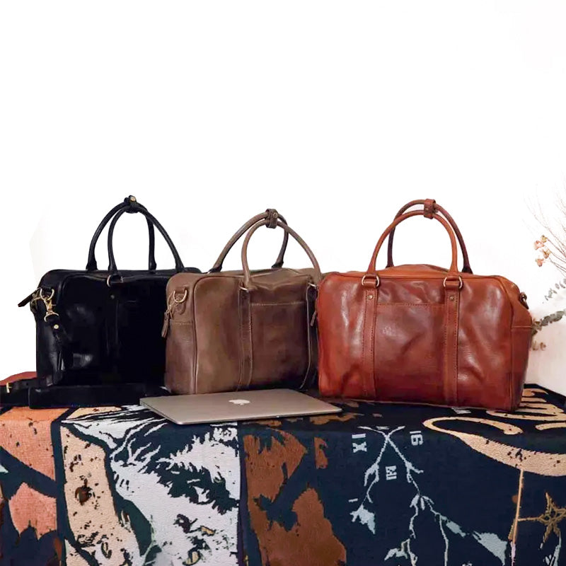 Vegetable Tanned Leather Top Handle Bag Weekender Travel Bag with Laptop Compartment