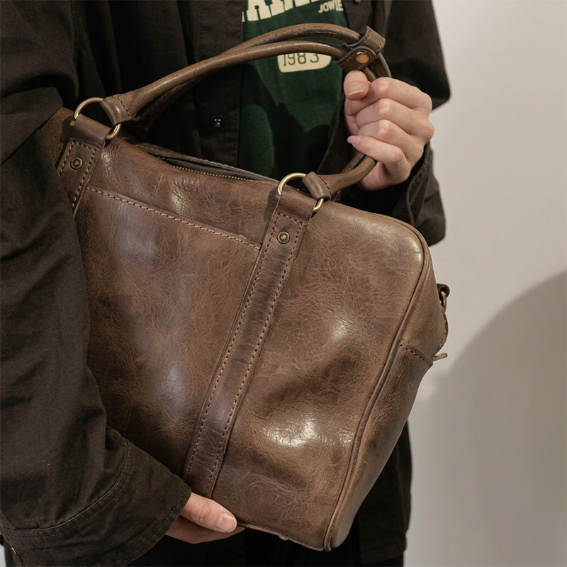 Vegetable Tanned Leather Top Handle Bag Weekender Travel Bag with Laptop Compartment