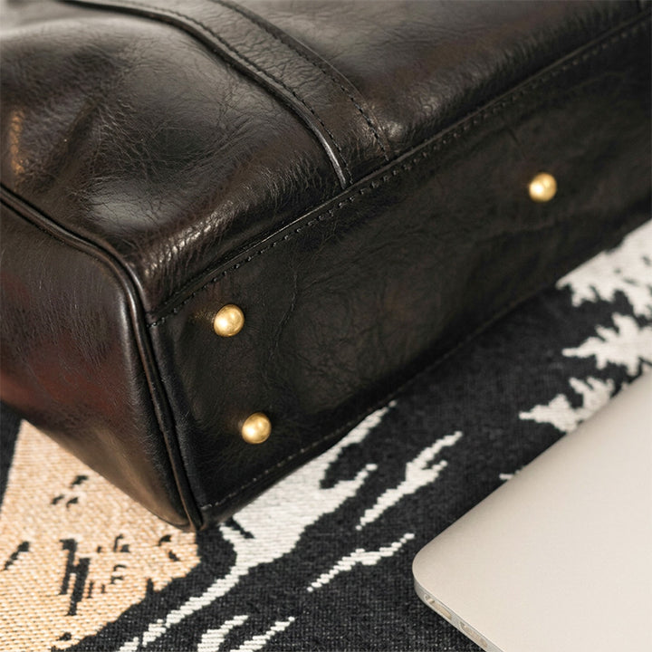 Vegetable Tanned Leather Top Handle Bag Weekender Travel Bag with Laptop Compartment