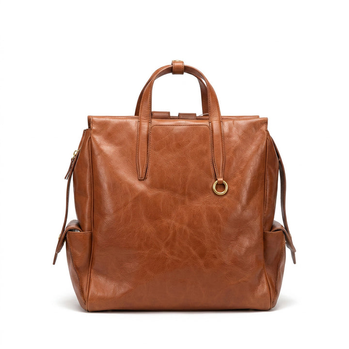 Vegetable Tanned Leather Backpack Large Top Handle Work Bag with Laptop Compartment
