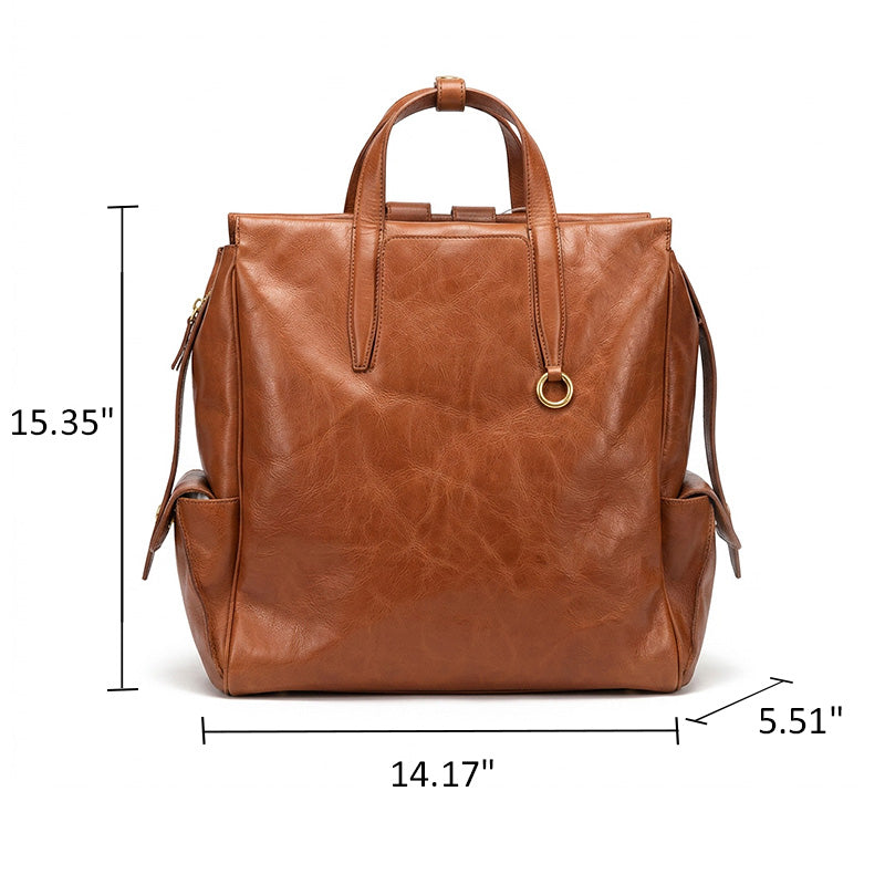 Vegetable Tanned Leather Backpack Large Top Handle Work Bag with Laptop Compartment