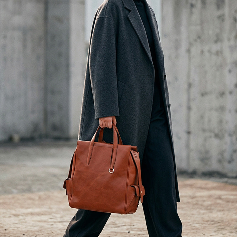Vegetable-Tanned Leather Convertible Backpack Tote Laptop Work Bag with Luggage Sleeve