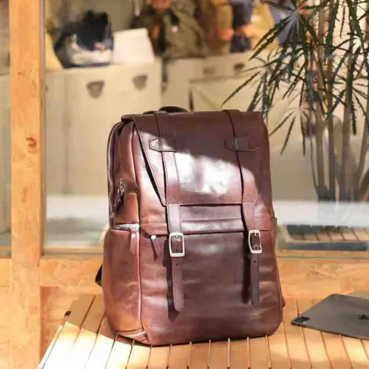 Vegetable-Tanned Leather Camera Backpack Photography Bag with Laptop Compartment