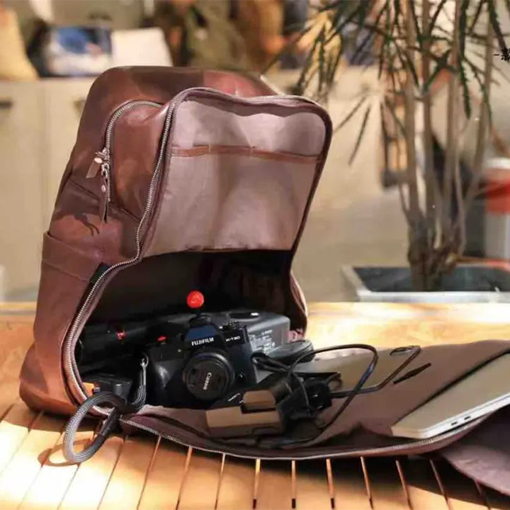 Vegetable-Tanned Leather Camera Backpack Photography Bag with Laptop Compartment