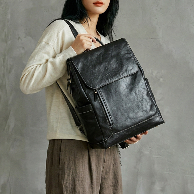 Vegetable Tanned Leather Backpack for Women Men Minimalist Bag with Luggage Sleeve