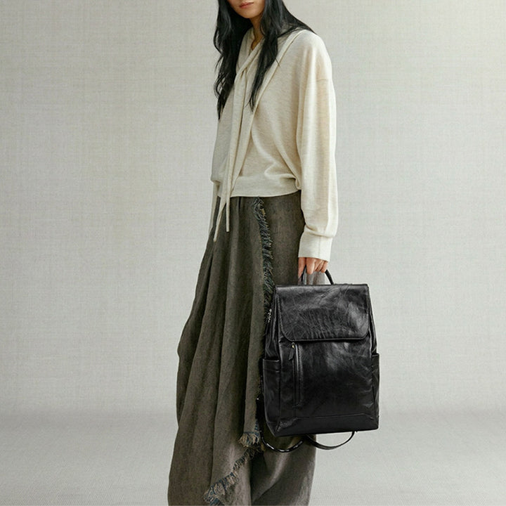 Vegetable Tanned Leather Backpack for Women Men Minimalist Bag with Luggage Sleeve