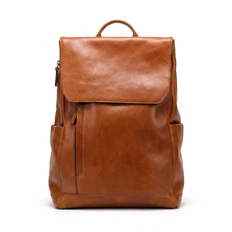 Vegetable Tanned Leather Backpack for Women Men Minimalist Bag with Luggage Sleeve