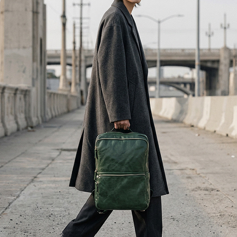 Vegetable-Tanned Leather Commuter Backpack Multi-Pocket Laptop Bag for Men &amp; Women