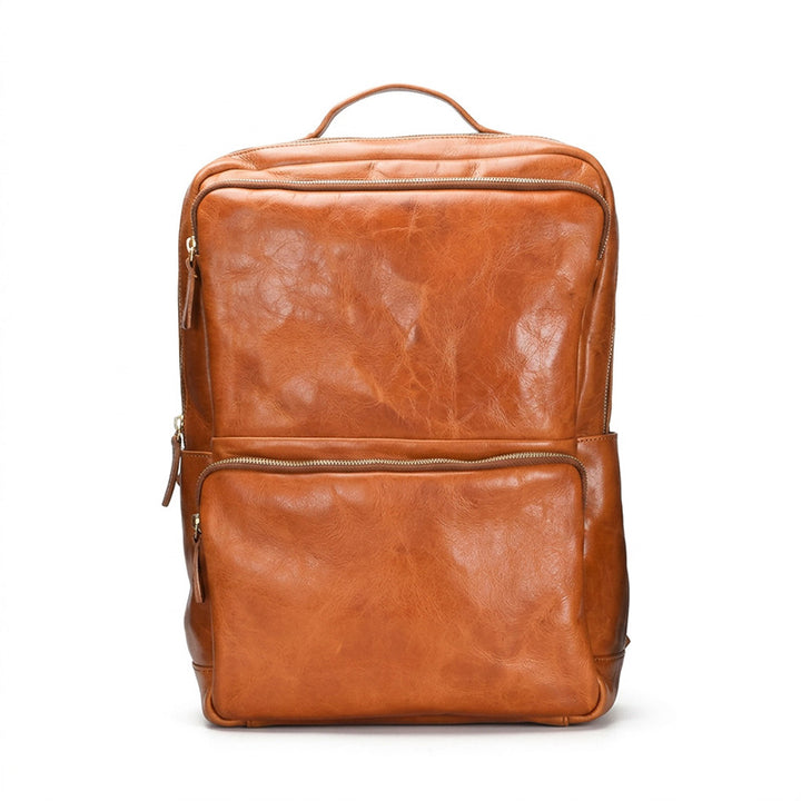 Vegetable-Tanned Leather Commuter Backpack Multi-Pocket Laptop Bag for Men &amp; Women