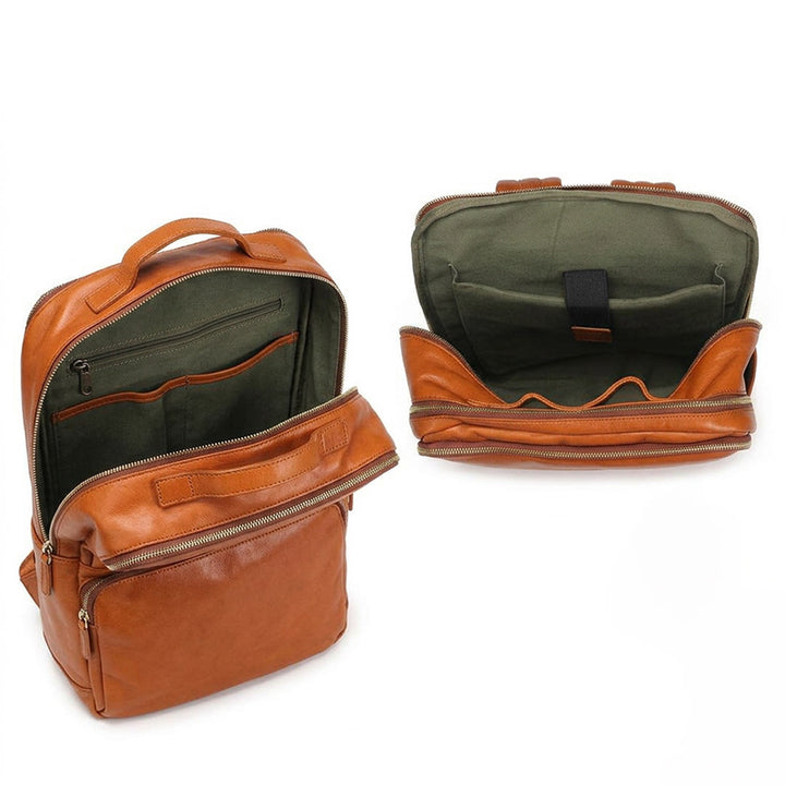 Vegetable-Tanned Leather Commuter Backpack Multi-Pocket Laptop Bag for Men &amp; Women