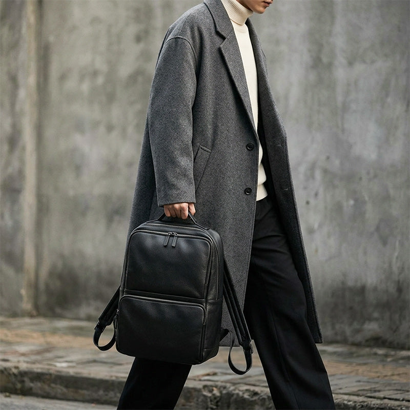 Vegetable-Tanned Leather Commuter Backpack Multi-Pocket Laptop Bag for Men &amp; Women