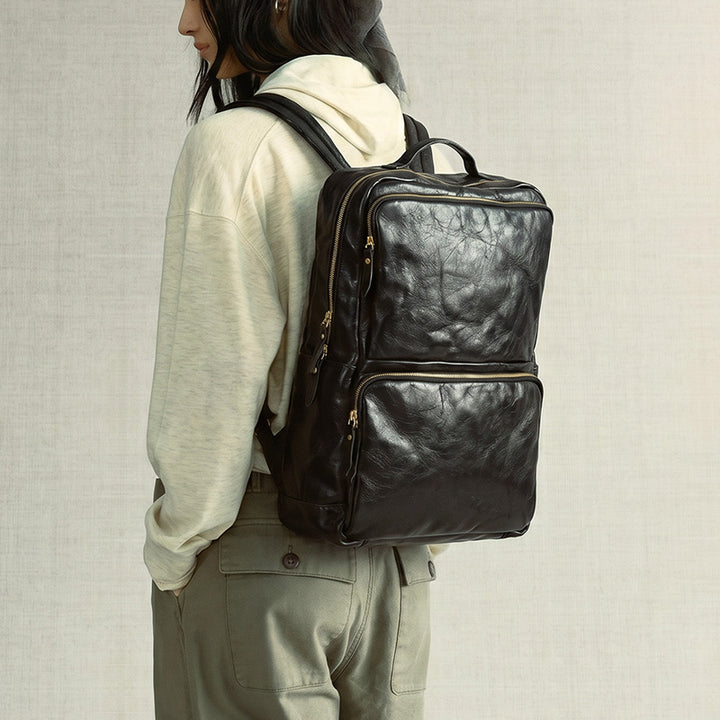 Vegetable-Tanned Leather Commuter Backpack Multi-Pocket Laptop Bag for Men &amp; Women