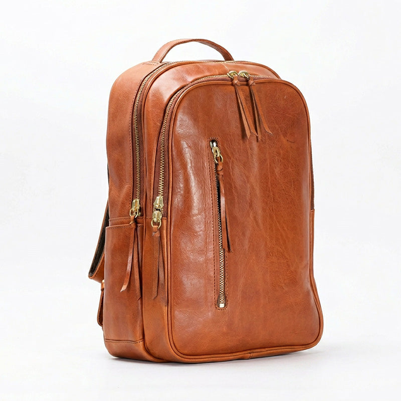 Vegetable-Tanned Leather Backpack Classic Laptop Daypack for Men &amp; Women