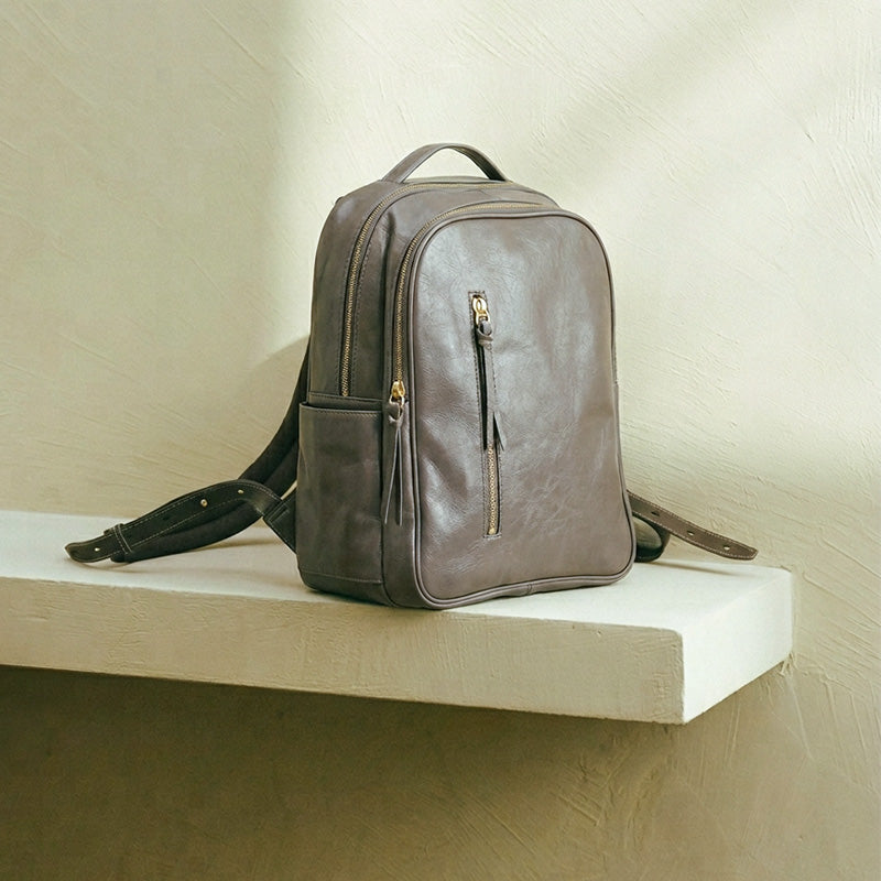 Vegetable-Tanned Leather Backpack Classic Laptop Daypack for Men &amp; Women