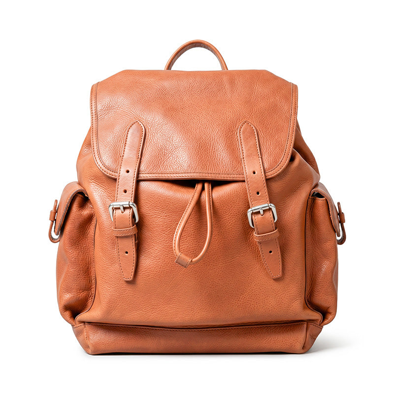 Vegetable Tanned Leather Drawstring Backpack Large Flap Rucksack for Women &amp; Men