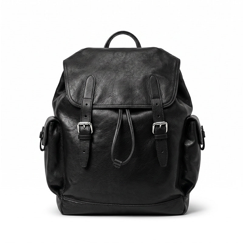 Vegetable Tanned Leather Drawstring Backpack Large Flap Rucksack for Women &amp; Men