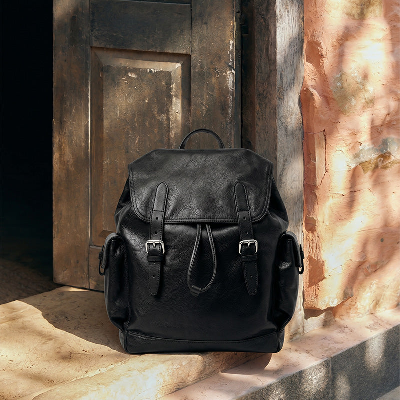 Vegetable Tanned Leather Drawstring Backpack Large Flap Rucksack for Women &amp; Men