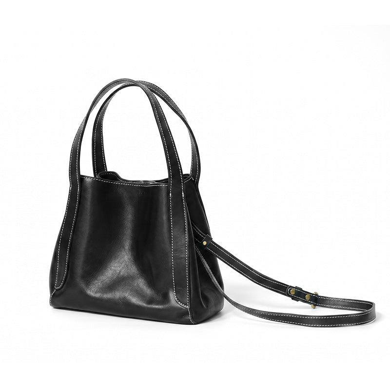 Small Vegetable-Tanned Leather Bucket Bag Magnetic Closure Crossbody Handbag for Women