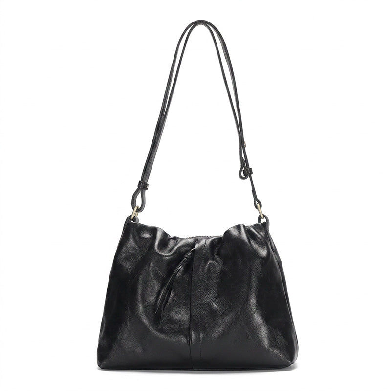 Slouchy Ruched Leather Hobo Bag Soft Vegetable-Tanned Shoulder Bag for Women