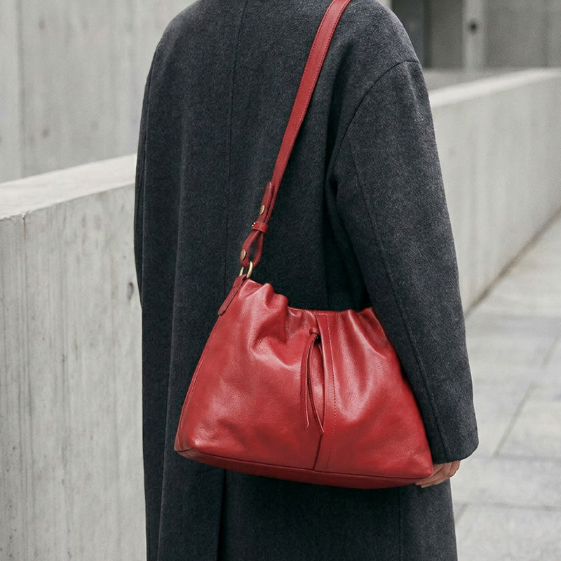 Slouchy Ruched Leather Hobo Bag Soft Vegetable-Tanned Shoulder Bag for Women
