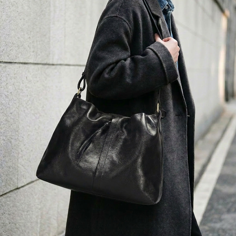 Slouchy Ruched Leather Hobo Bag Soft Vegetable-Tanned Shoulder Bag for Women