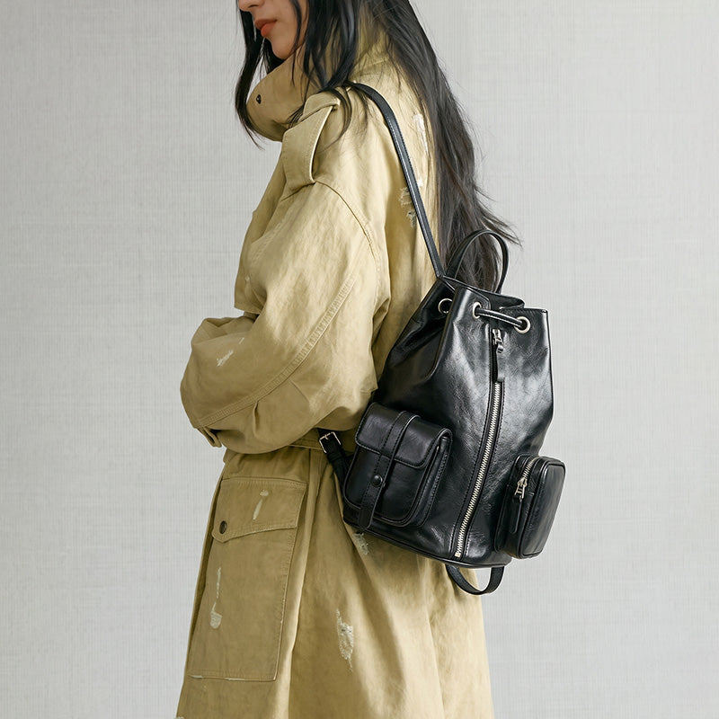 Leather Drawstring Backpack for Women Vegetable Tanned Bucket Bag with Front Pockets