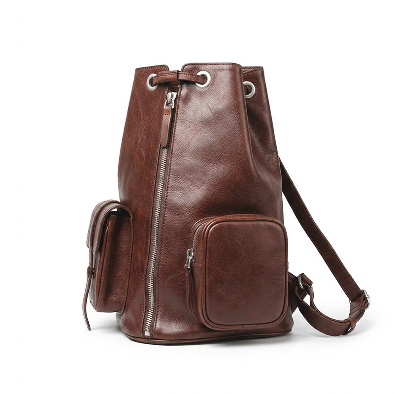 Leather Drawstring Backpack for Women Vegetable Tanned Bucket Bag with Front Pockets