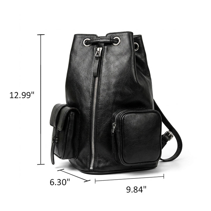 Leather Drawstring Backpack for Women Vegetable Tanned Bucket Bag with Front Pockets