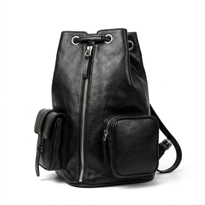 Leather Drawstring Backpack for Women Vegetable Tanned Bucket Bag with Front Pockets