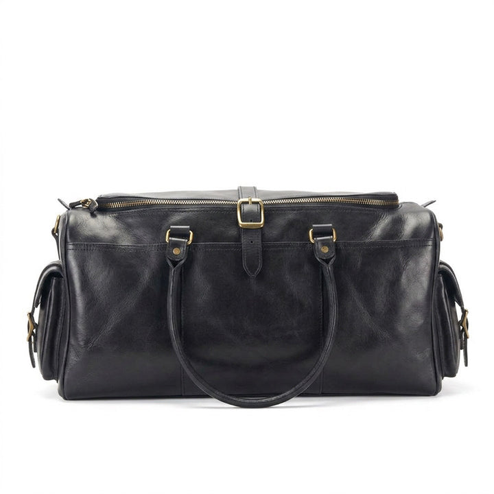 Leather Duffel Bag with Side Buckle Pockets Vegetable-Tanned Weekend Travel Bag
