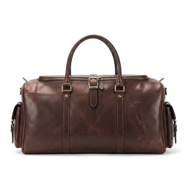 Leather Duffel Bag with Side Buckle Pockets Vegetable-Tanned Weekend Travel Bag