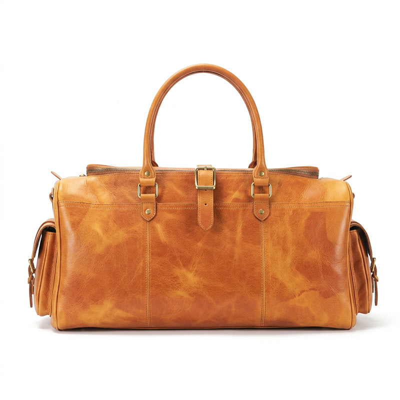 Leather Duffel Bag with Side Buckle Pockets Vegetable-Tanned Weekend Travel Bag
