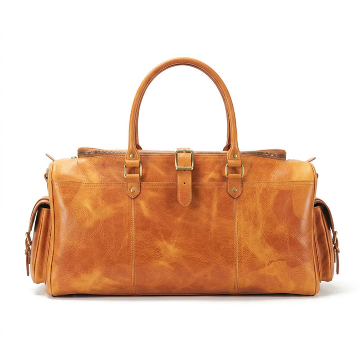 Leather Duffel Bag with Side Buckle Pockets Vegetable-Tanned Weekend Travel Bag
