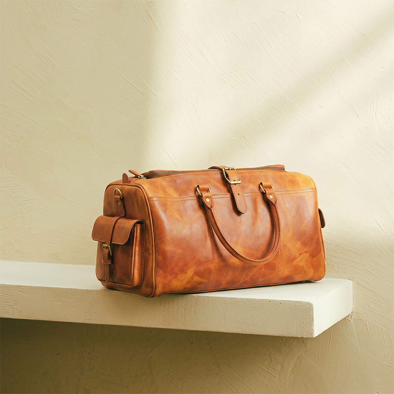 Leather Duffel Bag with Side Buckle Pockets Vegetable-Tanned Weekend Travel Bag
