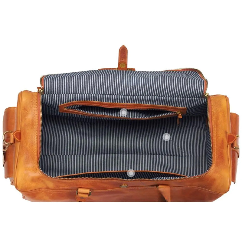 Leather Duffel Bag with Side Buckle Pockets Vegetable-Tanned Weekend Travel Bag