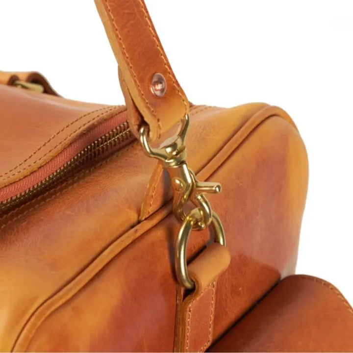 Leather Duffel Bag with Side Buckle Pockets Vegetable-Tanned Weekend Travel Bag