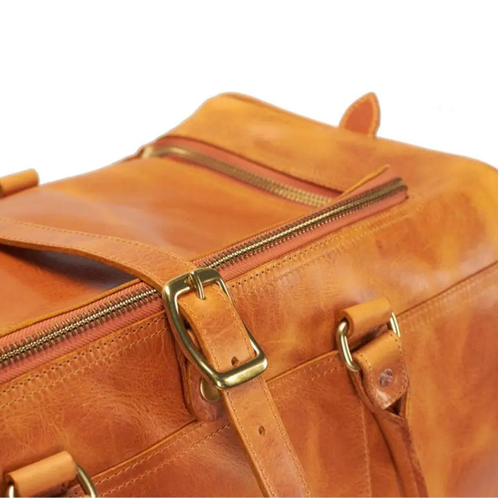 Leather Duffel Bag with Side Buckle Pockets Vegetable-Tanned Weekend Travel Bag
