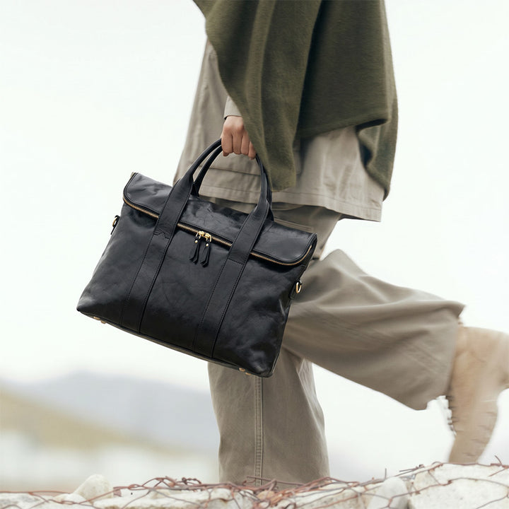 Leather Handbag Flap Satchel Everyday Shoulder Bag Vegetable-Tanned with Detachable Strap