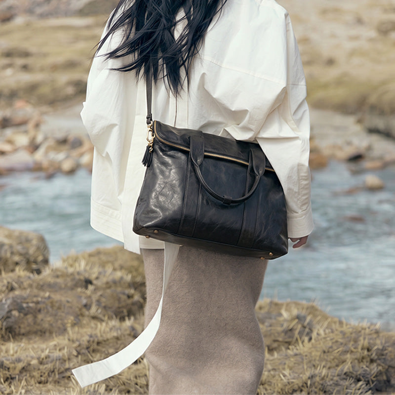 Leather Handbag Flap Satchel Everyday Shoulder Bag Vegetable-Tanned with Detachable Strap
