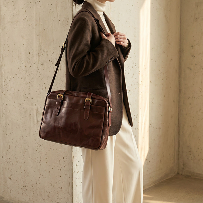 Leather Briefcase for Women &amp; Men Vegetable-Tanned Laptop Shoulder Bag with Pen Holder