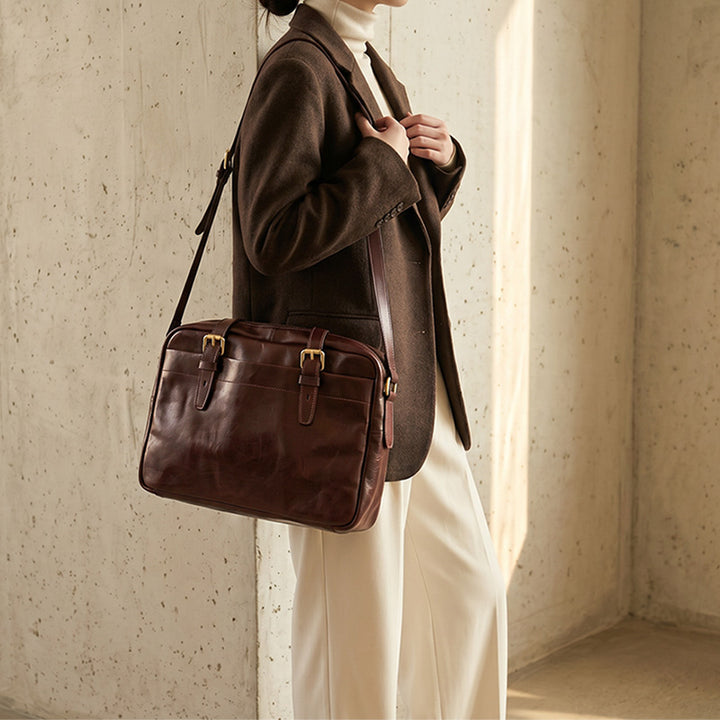 Leather Briefcase for Women &amp; Men Vegetable-Tanned Laptop Shoulder Bag with Pen Holder