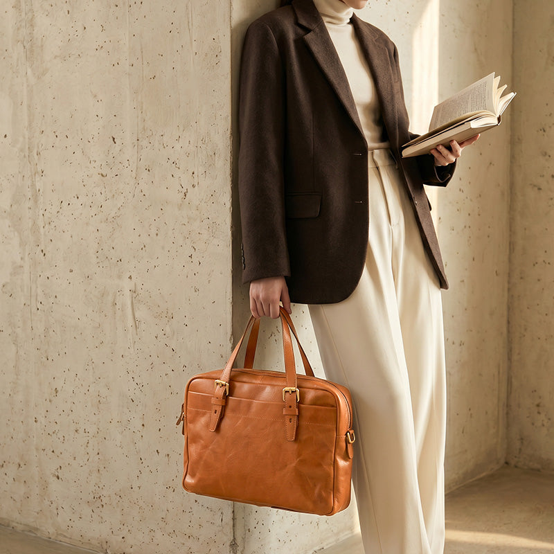 Leather Briefcase for Women &amp; Men Vegetable-Tanned Laptop Shoulder Bag with Pen Holder