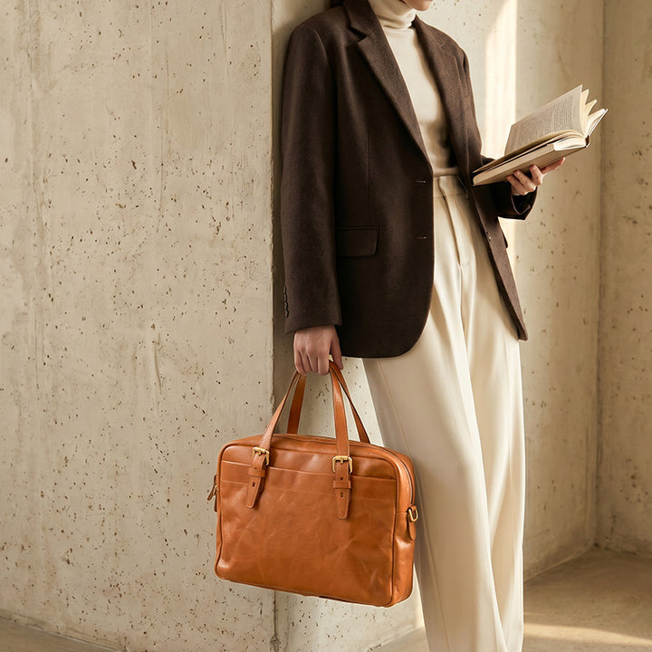 Leather Briefcase for Women &amp; Men Vegetable-Tanned Laptop Shoulder Bag with Pen Holder