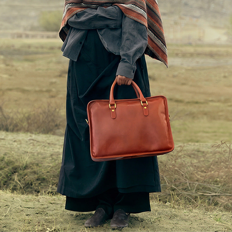 Leather Briefcase for Women Vegetable-Tanned Laptop Work Bag with Card Slots &amp; Pen Holder