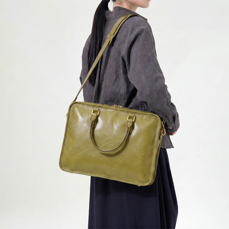 Leather Briefcase for Women Vegetable-Tanned Laptop Work Bag with Card Slots &amp; Pen Holder