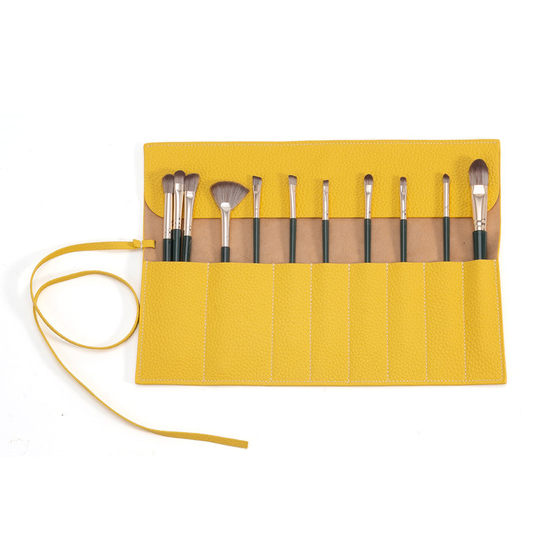 Leather Makeup Brush Roll Top-Grain Cowhide Travel Brush Case