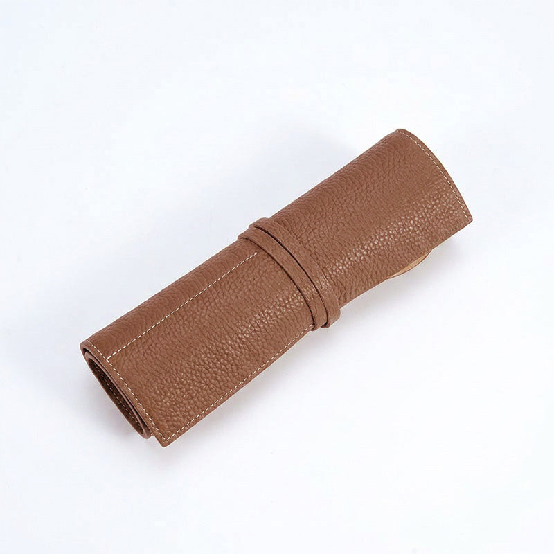 Leather Makeup Brush Roll Top-Grain Cowhide Travel Brush Case