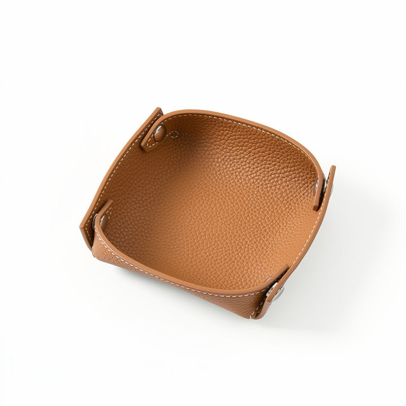 Foldable Leather Catchall Tray Cowhide Snap Corner Valet Tray for Keys, Coins &amp; Desk