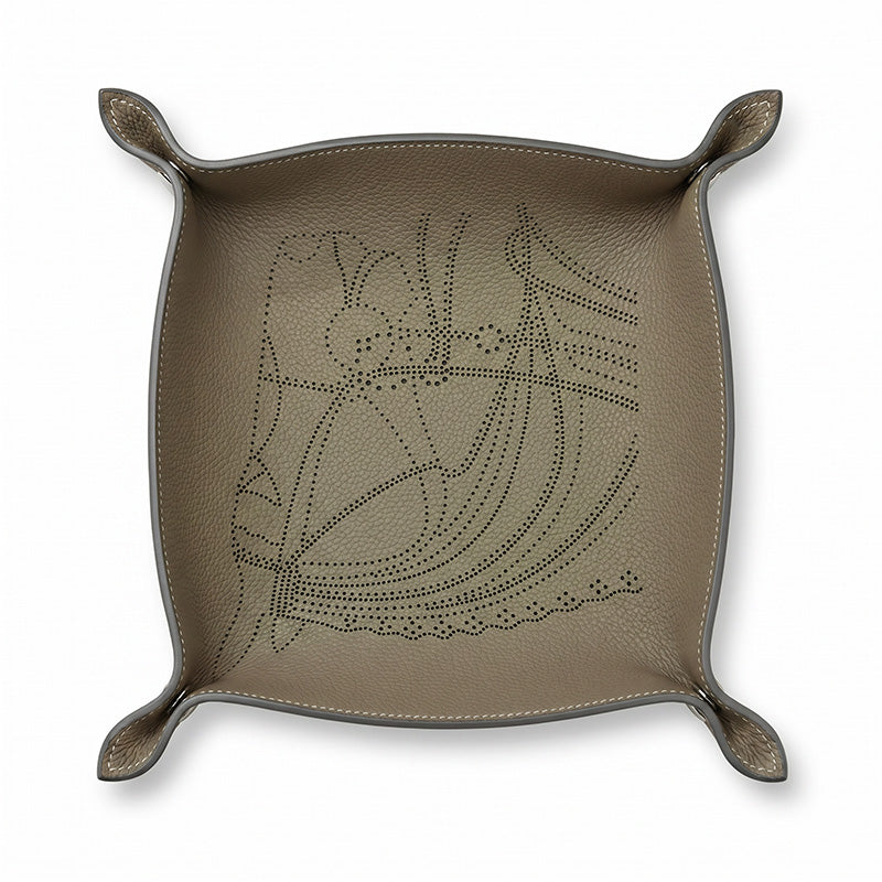 Embossed Leather Catchall Tray Foldable Cowhide Valet Tray with Botanical Pattern
